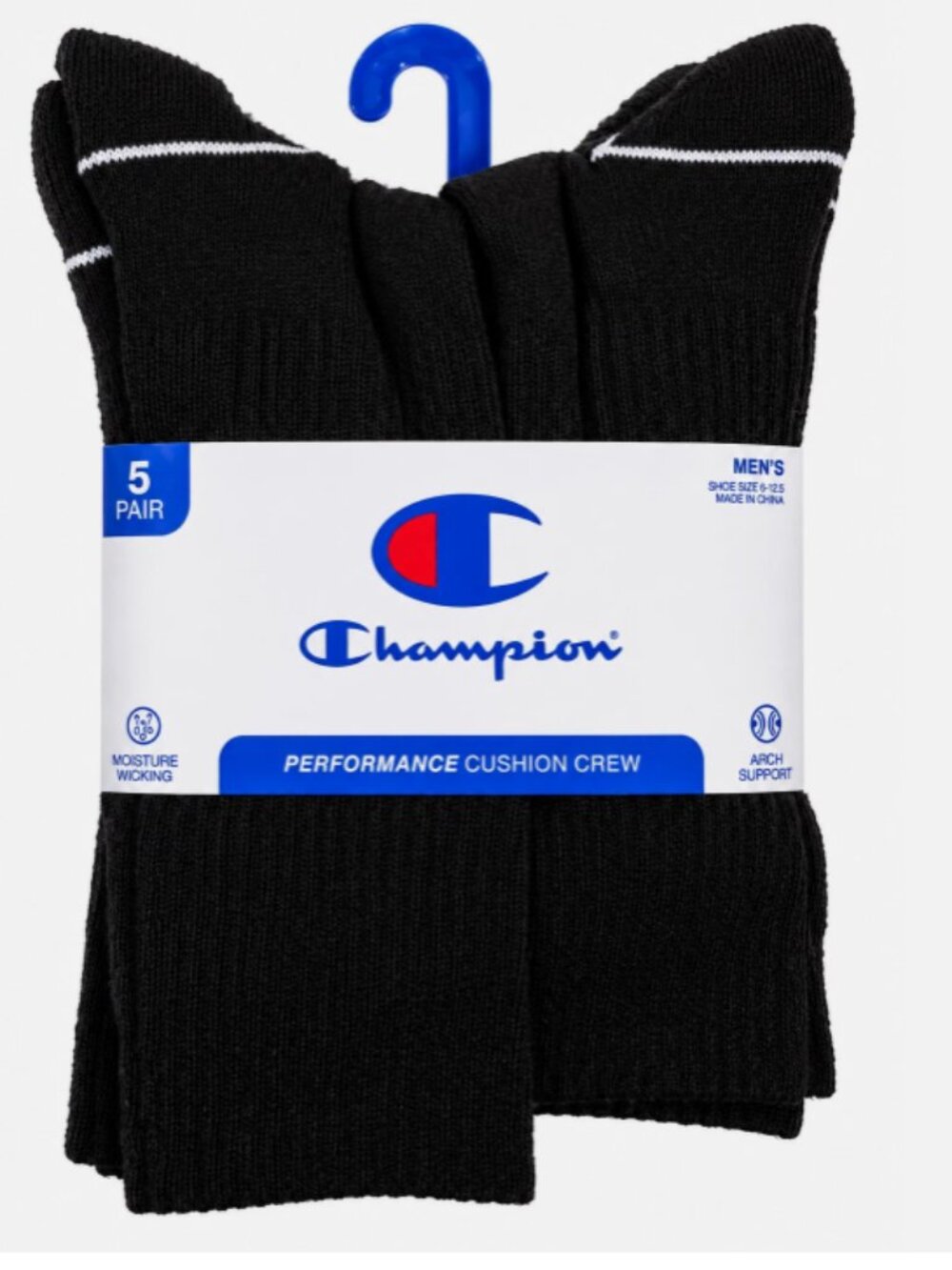 Champion Mens- Crew Black Socks 5 Pair Athleticwear Size 6-12 Cushioned